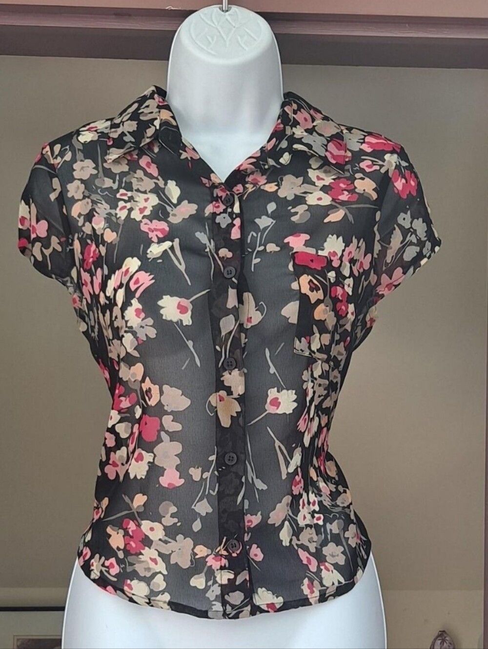 Wwt Seal Black Floral Sheer Fitted Short Sleeve Blouse Size Medium